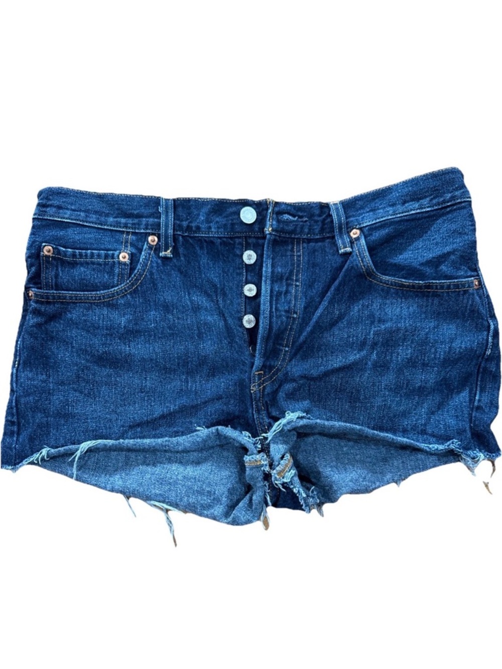 501’s Women’s Denim Shorts Button Fly Blue Cutoff Raw Hem 31 Waist 2” Inseam